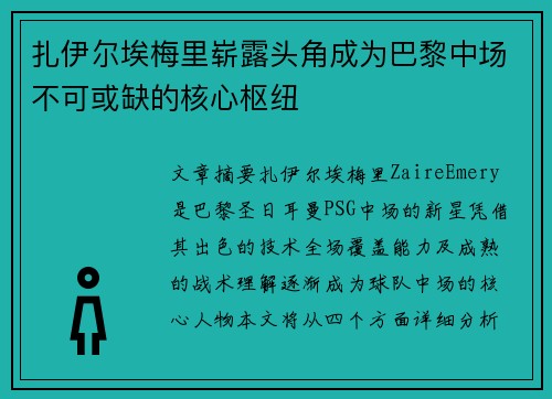 扎伊尔埃梅里崭露头角成为巴黎中场不可或缺的核心枢纽