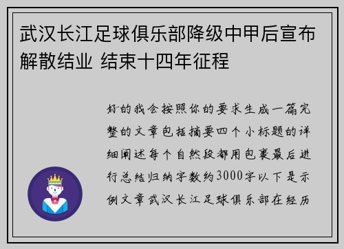 武汉长江足球俱乐部降级中甲后宣布解散结业 结束十四年征程